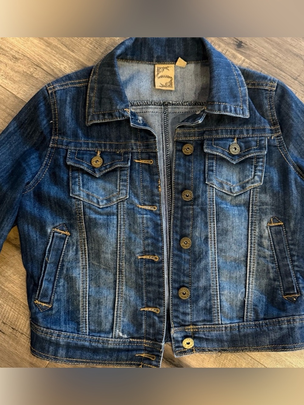 JouJou Cropped Denim Jacket Women Small Fitted Blue Jean Jacket Casual